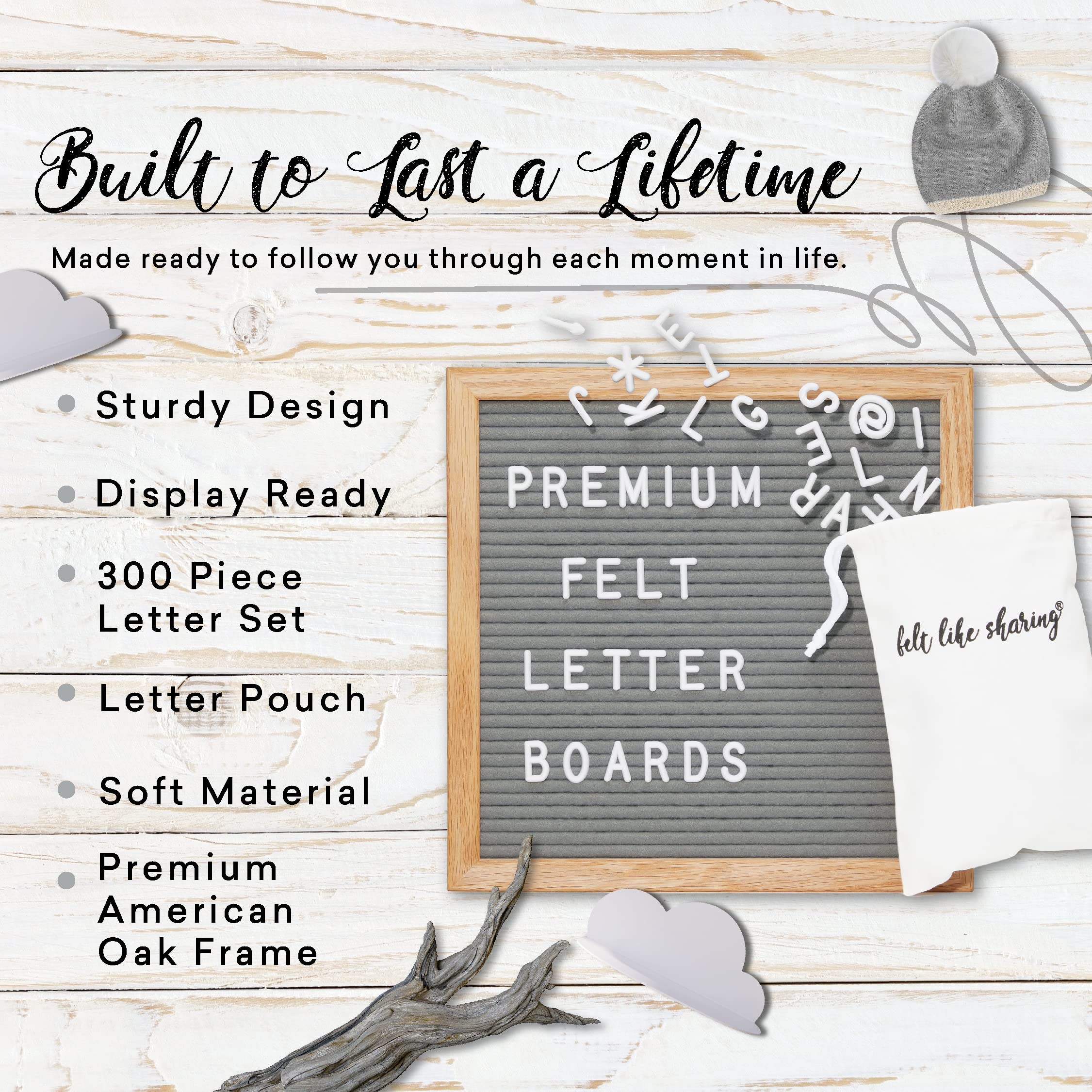 Felt Letter Board, 10x10in Changeable Letter Board with Letters White 300 Piece - Felt Message Board, Oak Frame Wooden Letter Board for Baby Announcements, Milestones, Office Decor & More (Gray)