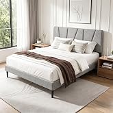 Sismplly Queen Size Platform Bed Frame with Upholstered Headboard, Wooden Slats Support, Noise Free, No Box Spring Needed, Easy Assembly, Light Grey, Linen