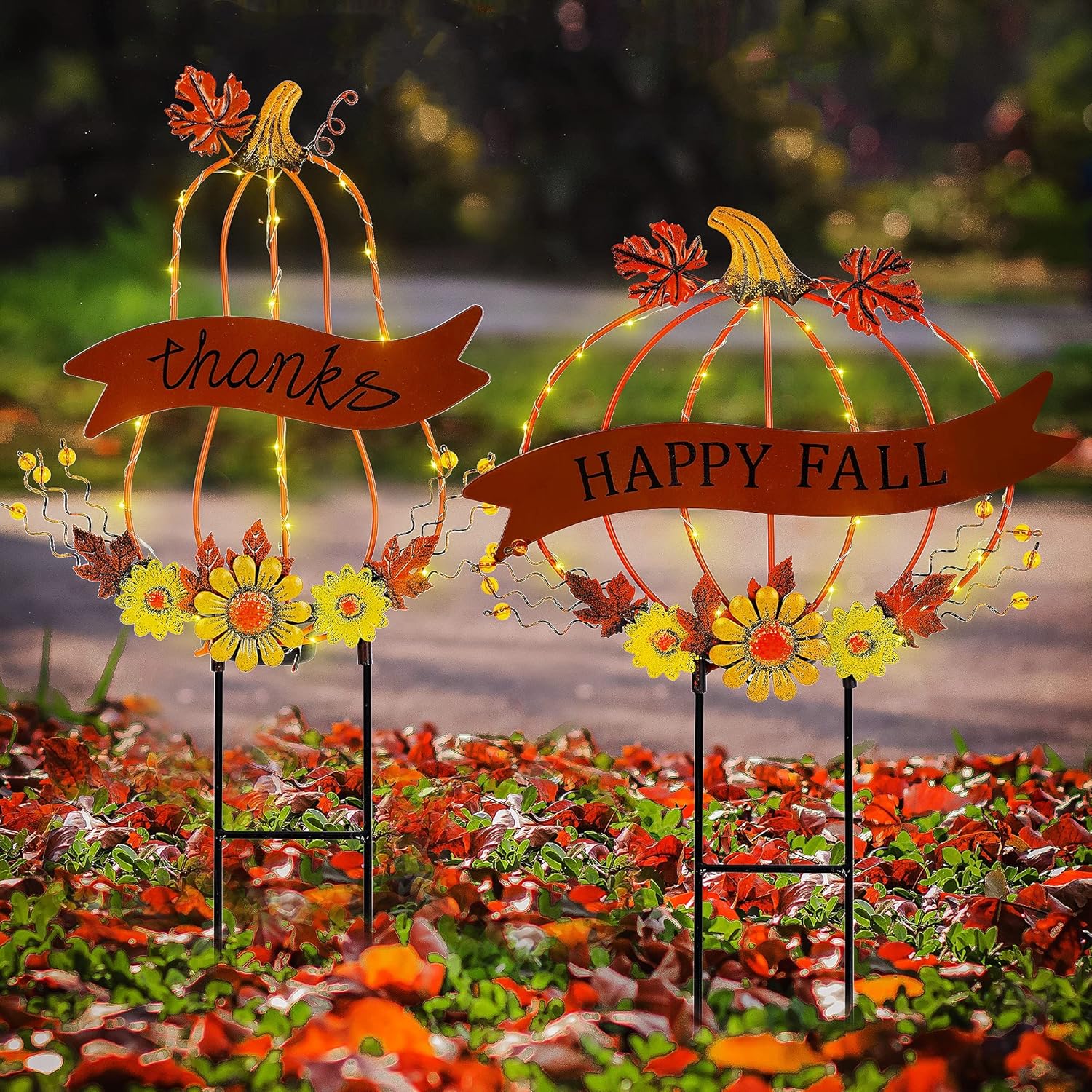 Decorative Garden Stakes - Juegoal 2 Pack Solar Lighted Metal Pumpkin Stakes, Thanksgiving Yard Stakes, Solar Powered Thanks Pumpkins Happy Fall Outdoor Garden Decorations, Light Up Yard Signs Stake Autumn Figurine Decor