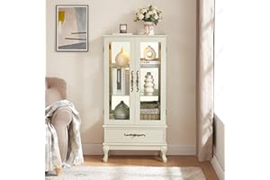 Firscook Lighted Curio Display Cabinet With Glass Door, Drawer, and Adjustable Shelves - Tall Leg Antique Corner China Cabinet for Living Room (White)