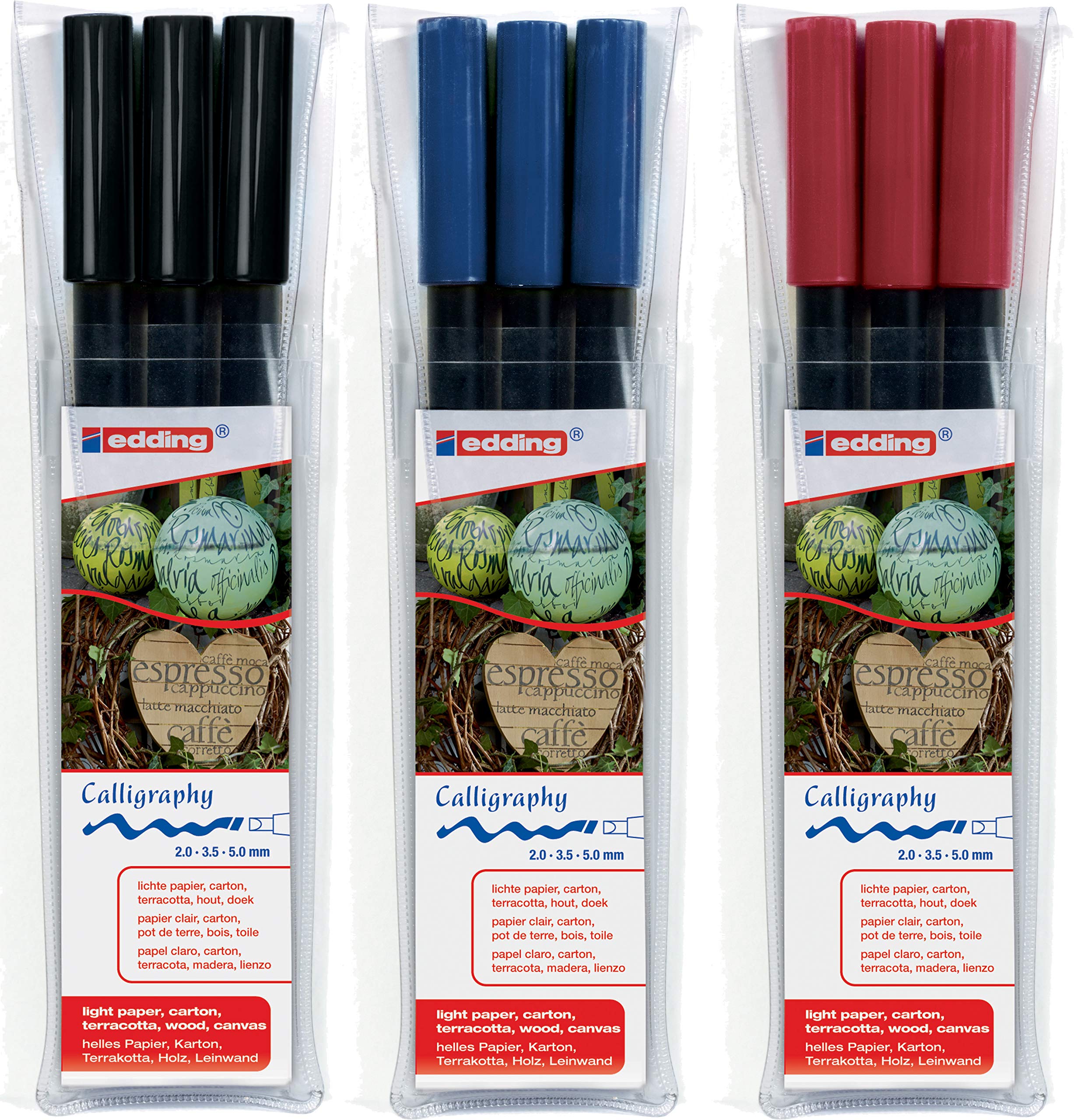 edding 1255 calligraphy pen, colour: black, crimson red and blue, ideal for calligraphy and lettering on almost all surfaces, made in Germany