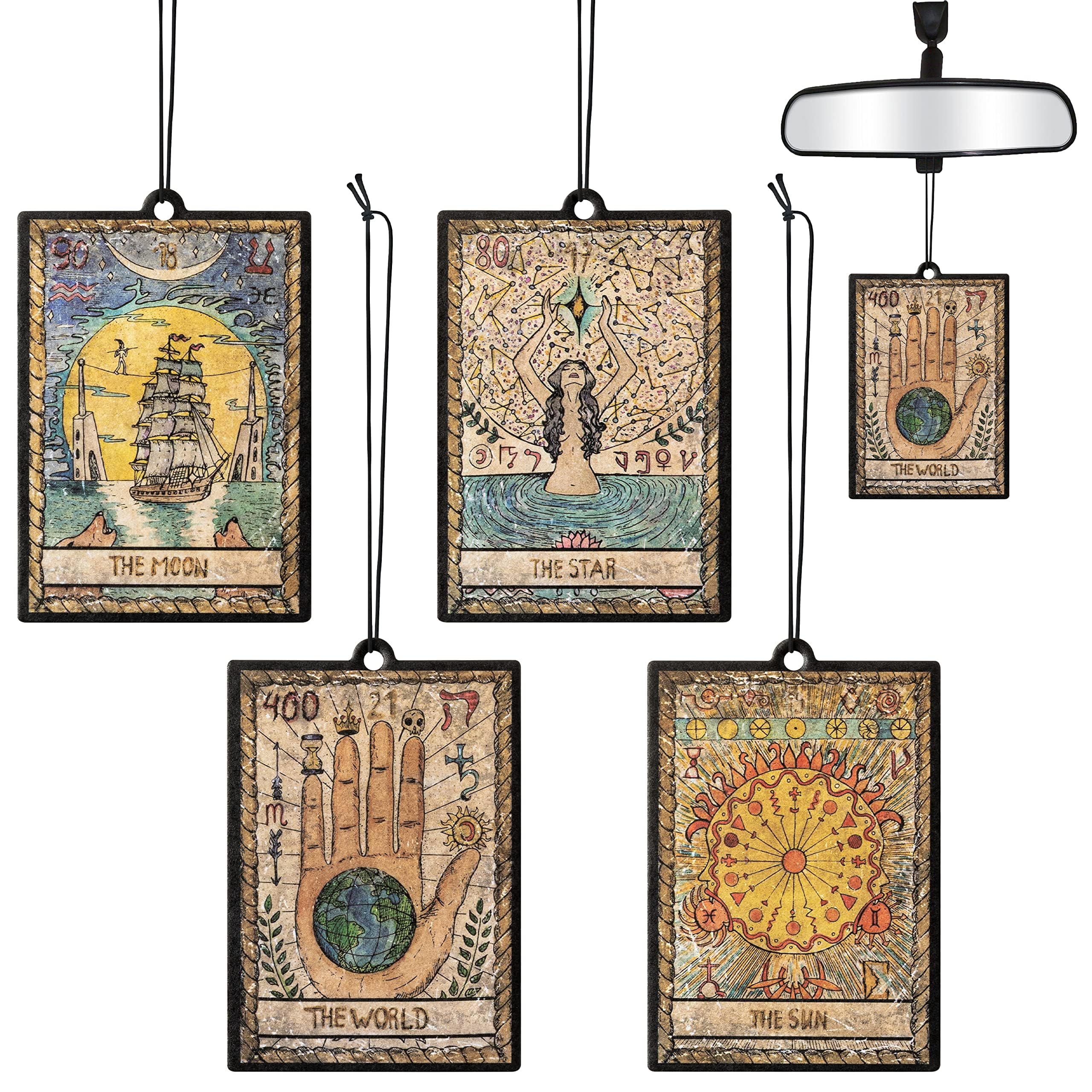L1rabe 4P Vintage Tarot Car Air Fresheners, The Star World Sun Moon Hanging Air Freshener Fragrance Scented Cards Old Style Tarot Theme Car Aromatherapy Tablets Bedroom Wardrobe Shoe Cabinet Deodorant