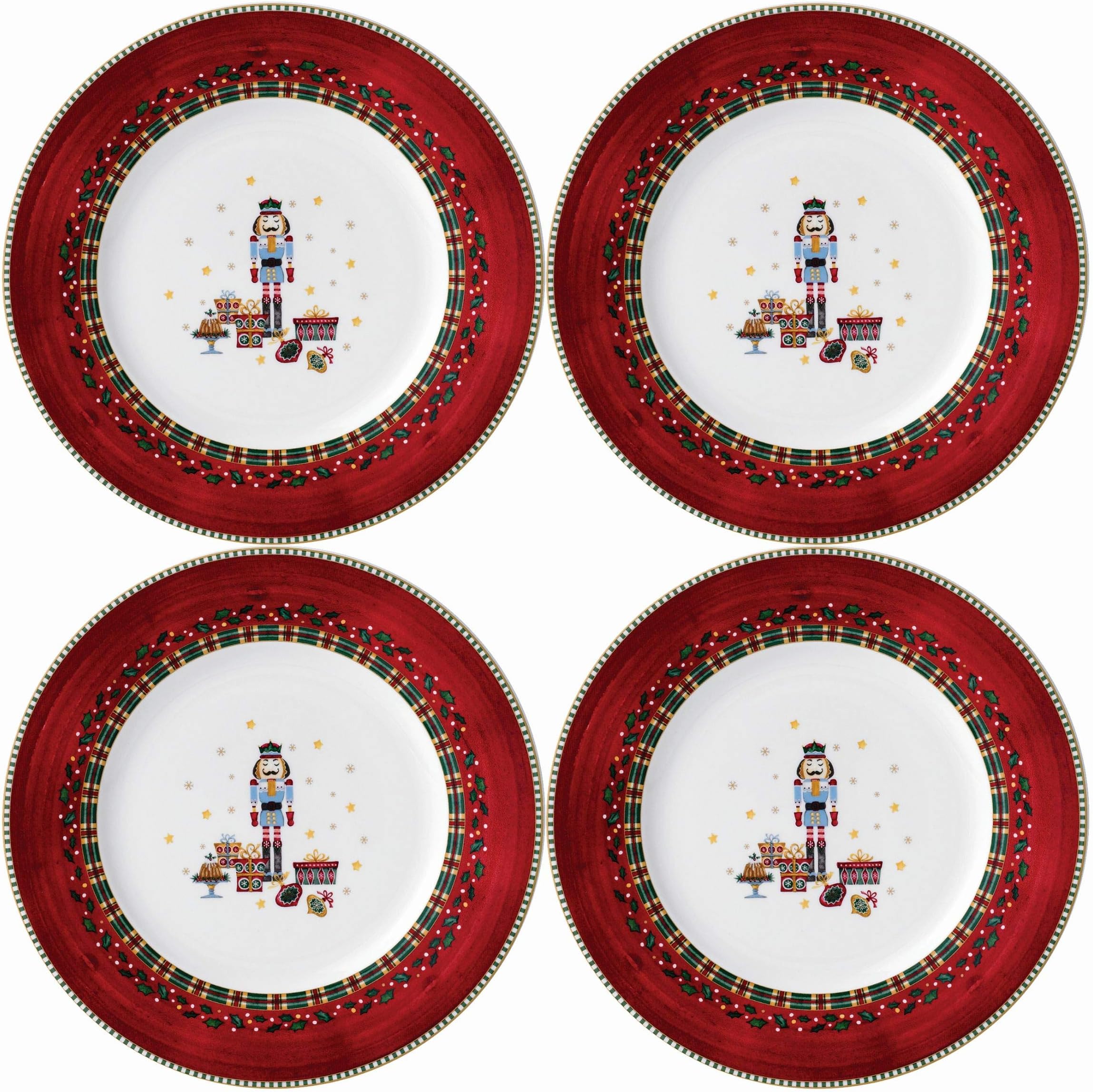 Prouna Nutcracker Canapé and Dessert Plate, Set of 4 - 24K Gold Plated Fine Bone China Ceramic Appetizer Dish and Holiday Dinnerware - Elegant Porcelain Christmas Decoration and Handpainted Chinaware