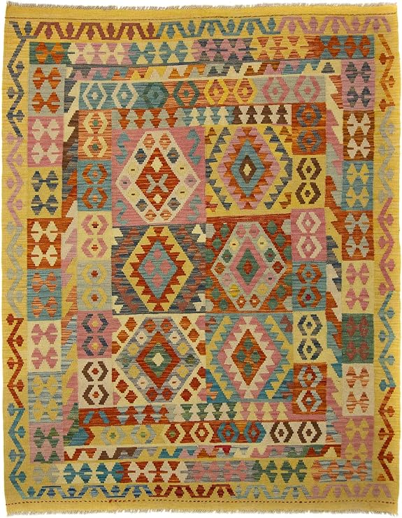 Carpetfine Kelim Afghan Teppich 160x200 Gelb Geometrisch