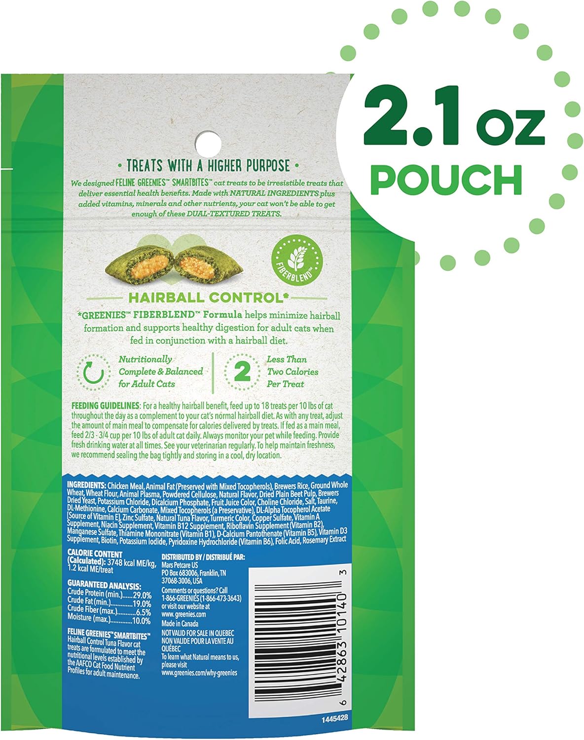 FELINE GREENIES SMARTBITES Hairball Control Crunchy and Soft Natural Cat Treats, Tuna Flavor, 2.1 oz. Pack : Pet Snack Treats : Pet Supplies