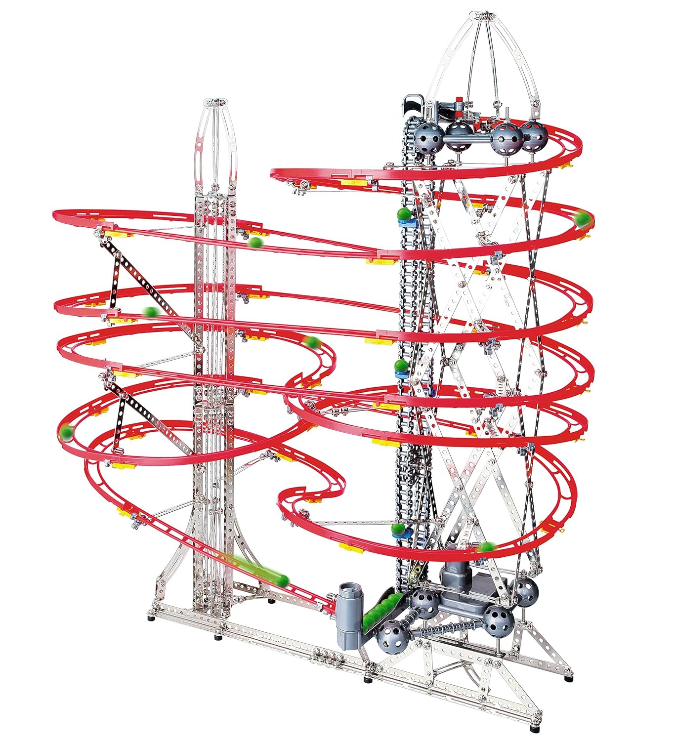 Image shows a large marble run track with red tracks and two towers to race marbles on. 