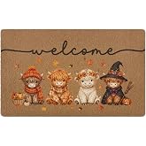 huester Halloween Fall Highland Cow Welcome Doormat Door Mat 17x30 1144 | Rustic Farmhouse Autumn Witchy Western Cow Decorative Home Indoor Outdoor Porch Front Door Entrance Outside