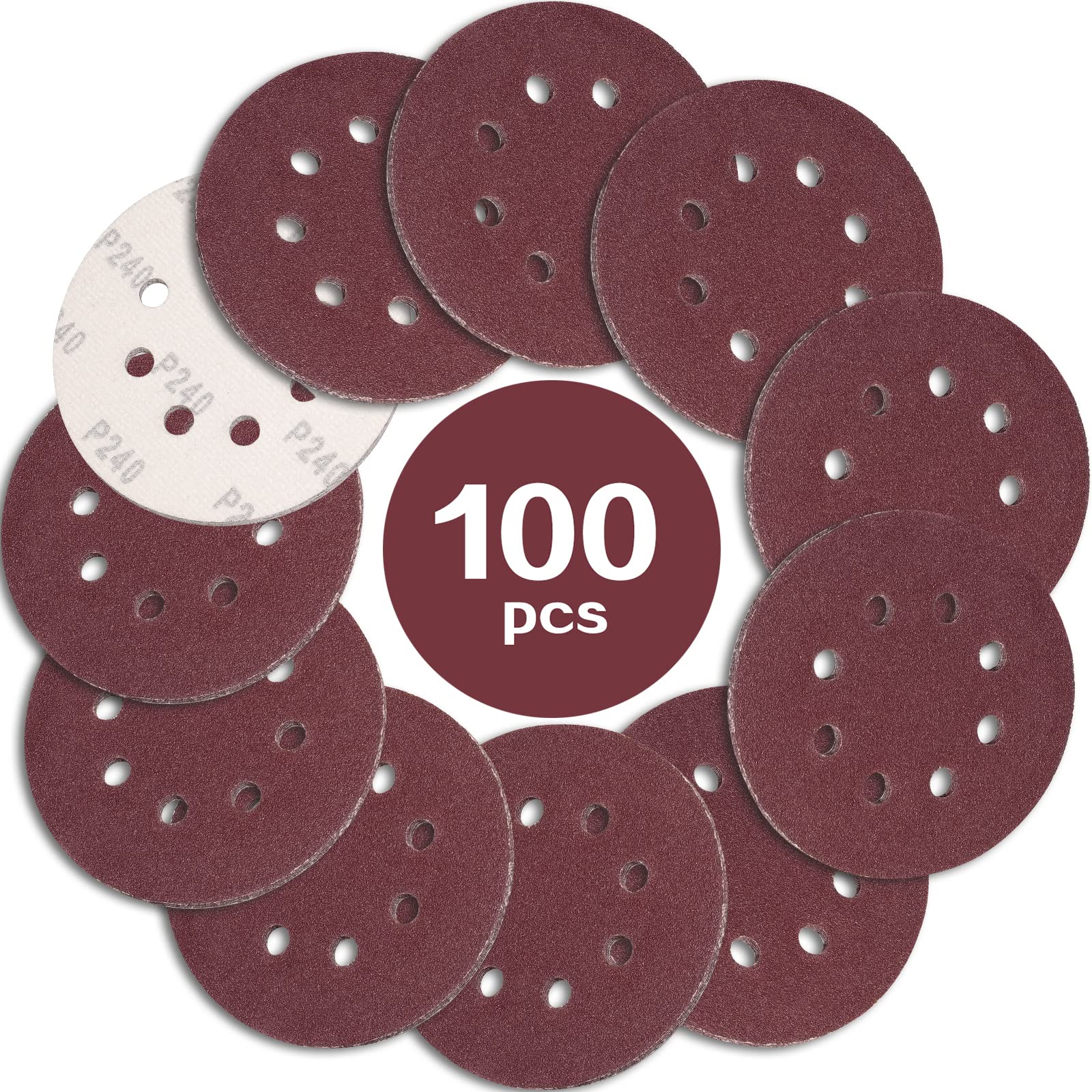 STEBRUAM 100PCS 125mm Sanding Discs 240 Grit, 5 Inch 8 Hole Hook and Loop Sanding Pads for Random Orbital Sander — image 1