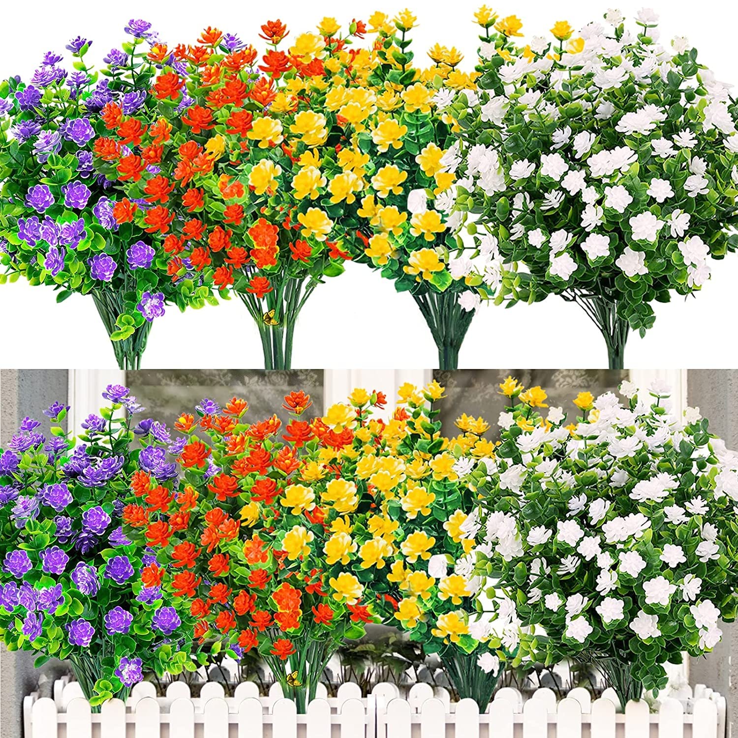 LOMOHOO 12 Bundles Artificial Flowers,4 Color Fake Flowers in Bulk,Artificial Plants Outdoor UV Resistant Plastic Shrubs for Home Garden Window Wedding Decor — image 1
