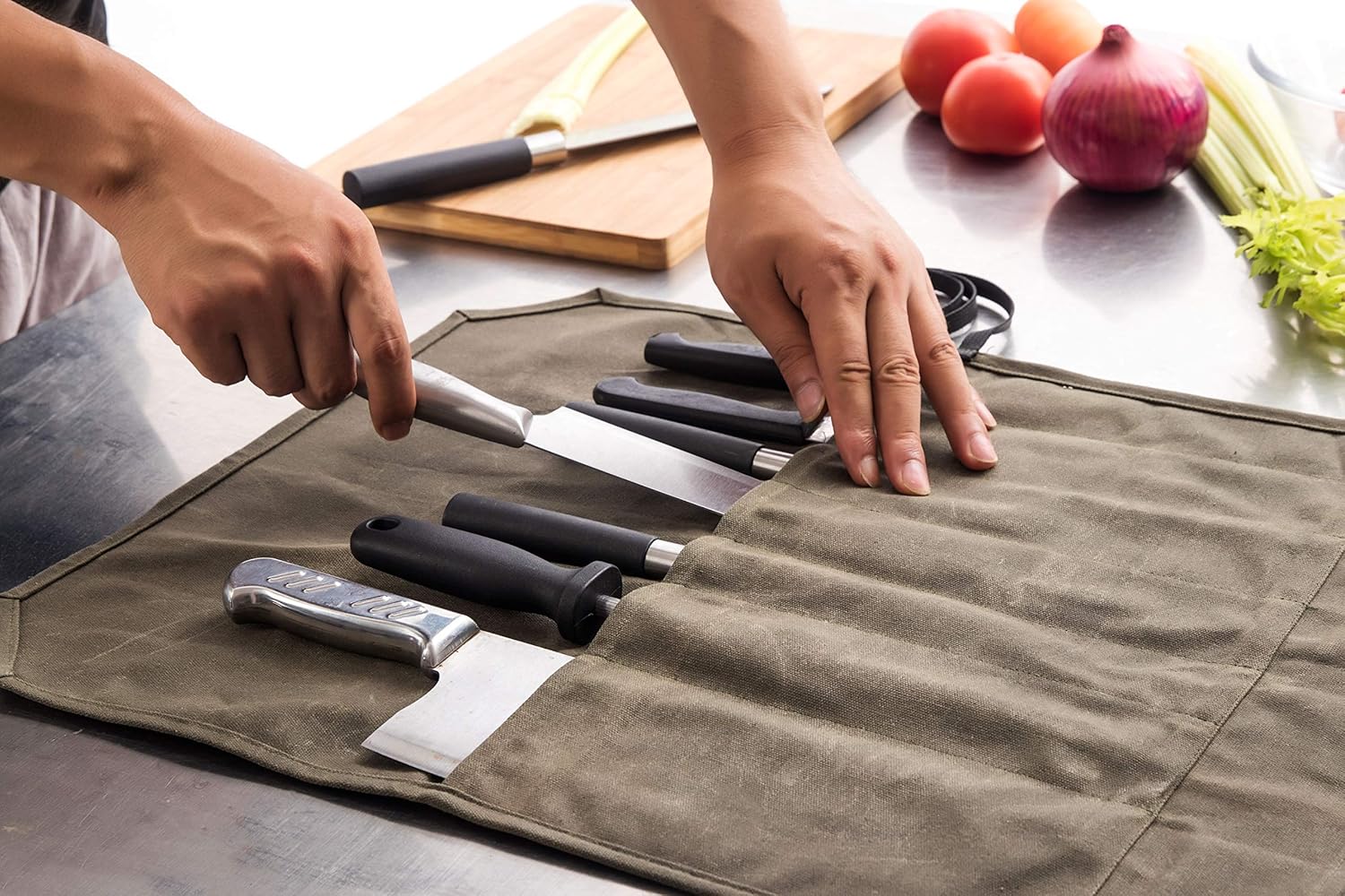 chengsan Heavy Duty 12OZ Waxed Canvas Chef Bag Knife Storage Roll Bag Portable 7 Slot Chef Bag Large Capacity Easy Carry with Wrapping Strap Superior Gift for Cooking Chef - Image 5