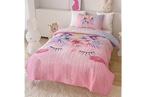 VIVILINEN Twin Size Quilt Set for Girls 2-Piece Pink Unicorn Kids Comforter Bedding Set Stars Flowers Reversible Quilted Bedspread Coverlet Lightweight Bed Sheet Set Cover Throw Blanket with Pillow Sham