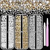 3 Boxes Gold Silver Half Round Pearls for Crafting, White Flatback Nail Pearl Charms Beads, Mix Size 2-8 mm Pearls for Nails Art Supplies DIY Face Makeup with Pickup Pencil Tweezer