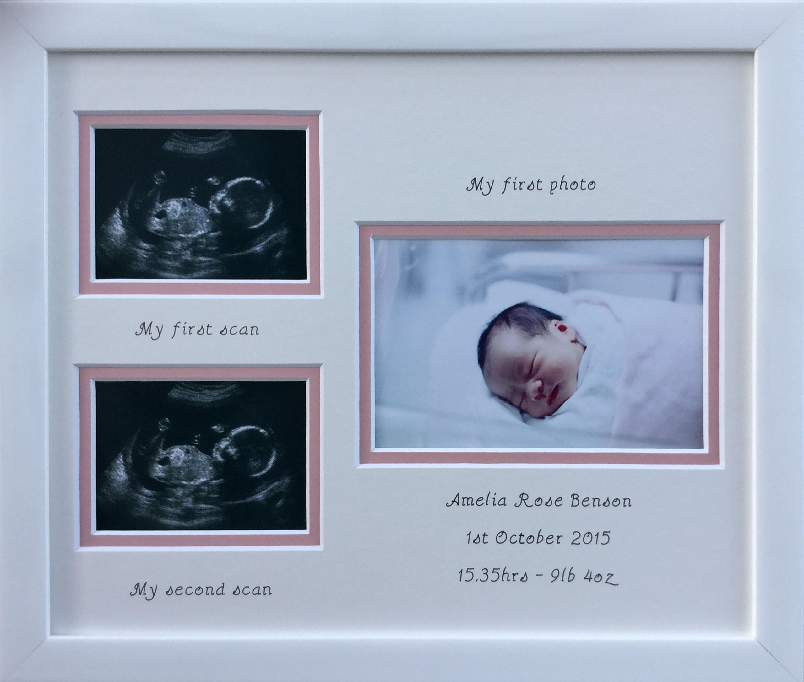New Baby Girl Personalised Double Scan Photo Frame (White Mount / pink inner border)