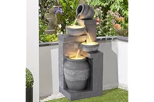 GIODIR 32" Outdoor/Indoor Garden Water Fountains, 4 Tiers Cascading Resin Fountains and Waterfalls with LEDs & Bowls, Modern Floor-Standing Patio Fountain for Porch, Deck, Yard as Home Decor (Grey)