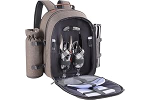 Apollo Walker Picnic Backpack Set for 2 Person with Cooler Compartment, Detachable Bottle/Wine Holder, Fleece Blanket, Plates and Cutlery Set (Beige)