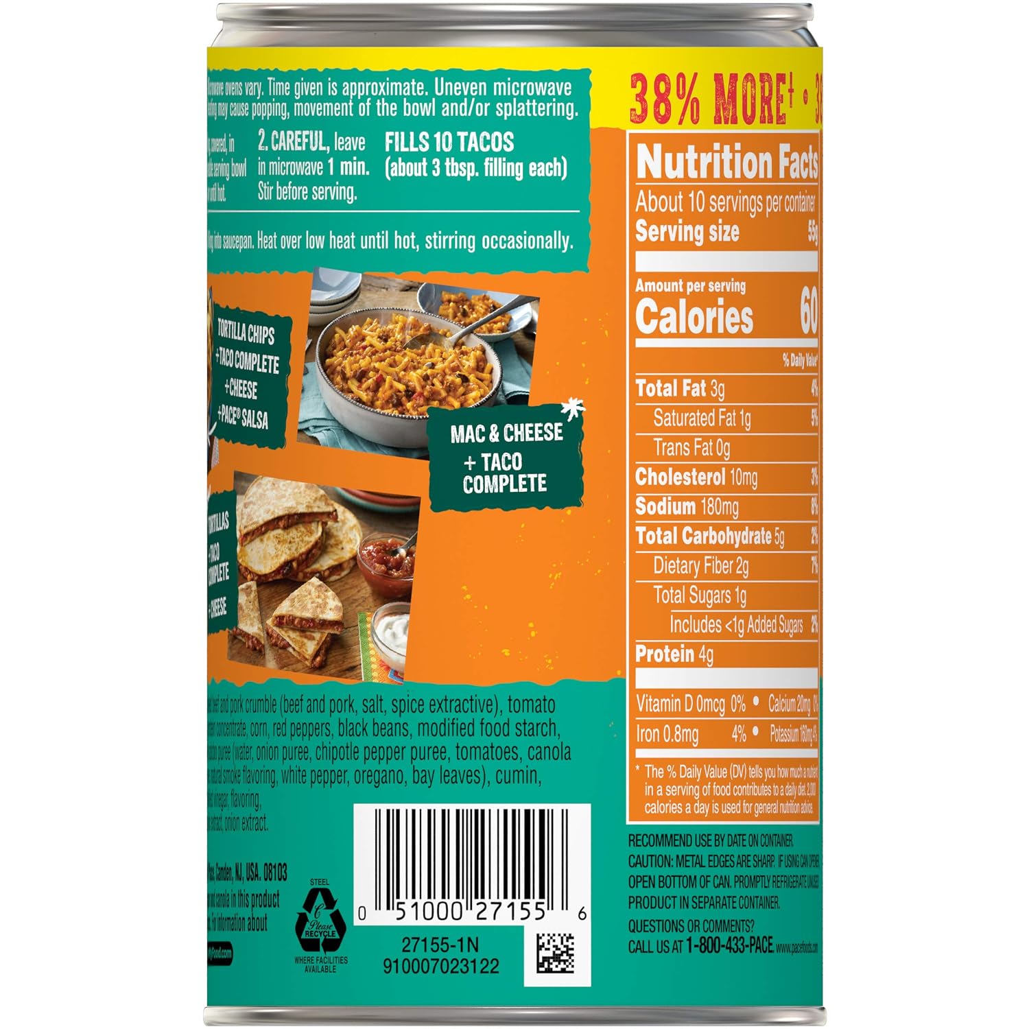 Pace Taco Meat Taco Complete Mild Original 188 Ounce Pack Of 6 -