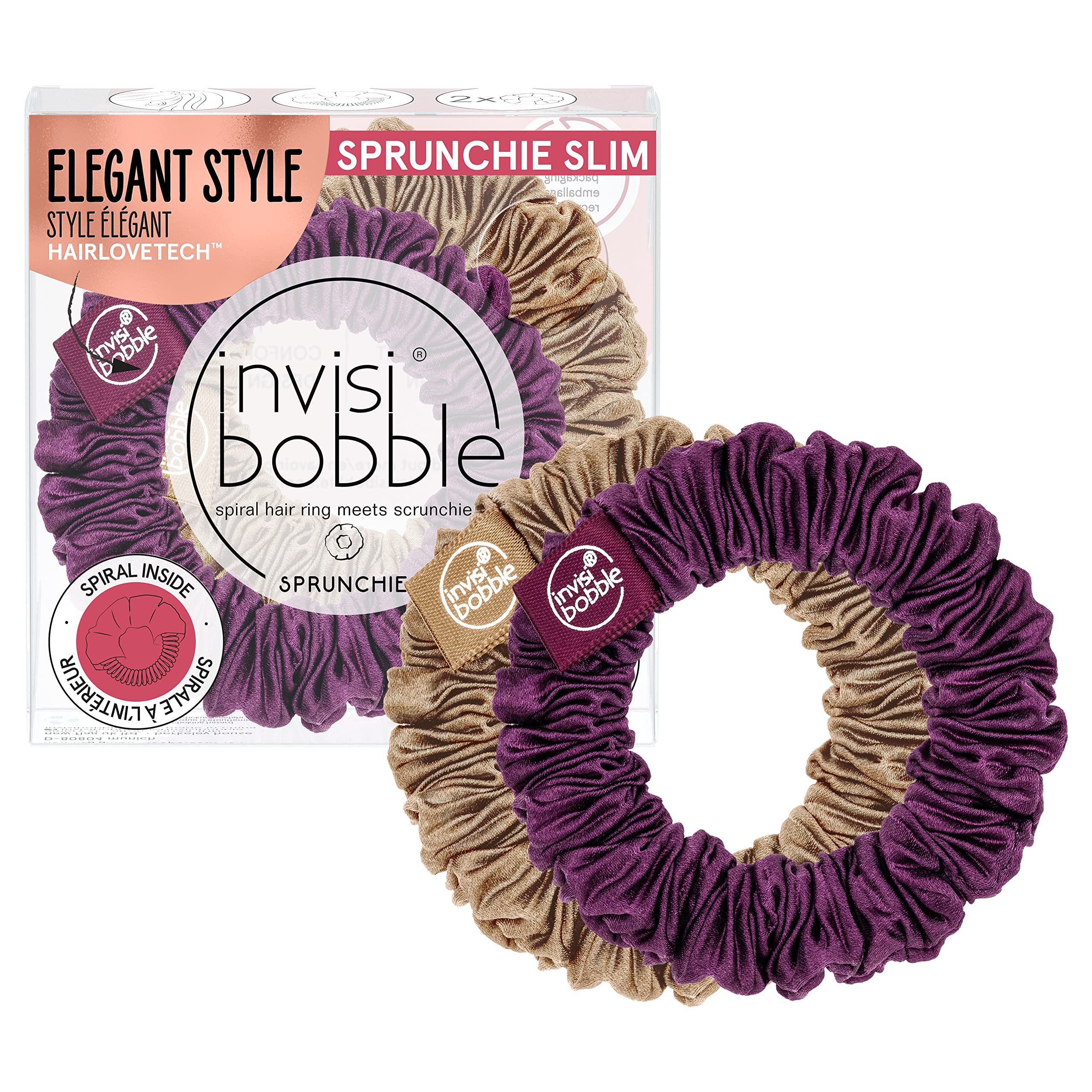 Invisibobble Scrunchie, Slim, Purple, Gold, 2x Pleated Fabric Hair Bobbles for Girls and Women, Strong Hold and Gentle on the Hair, Designed in the Heart of Munich