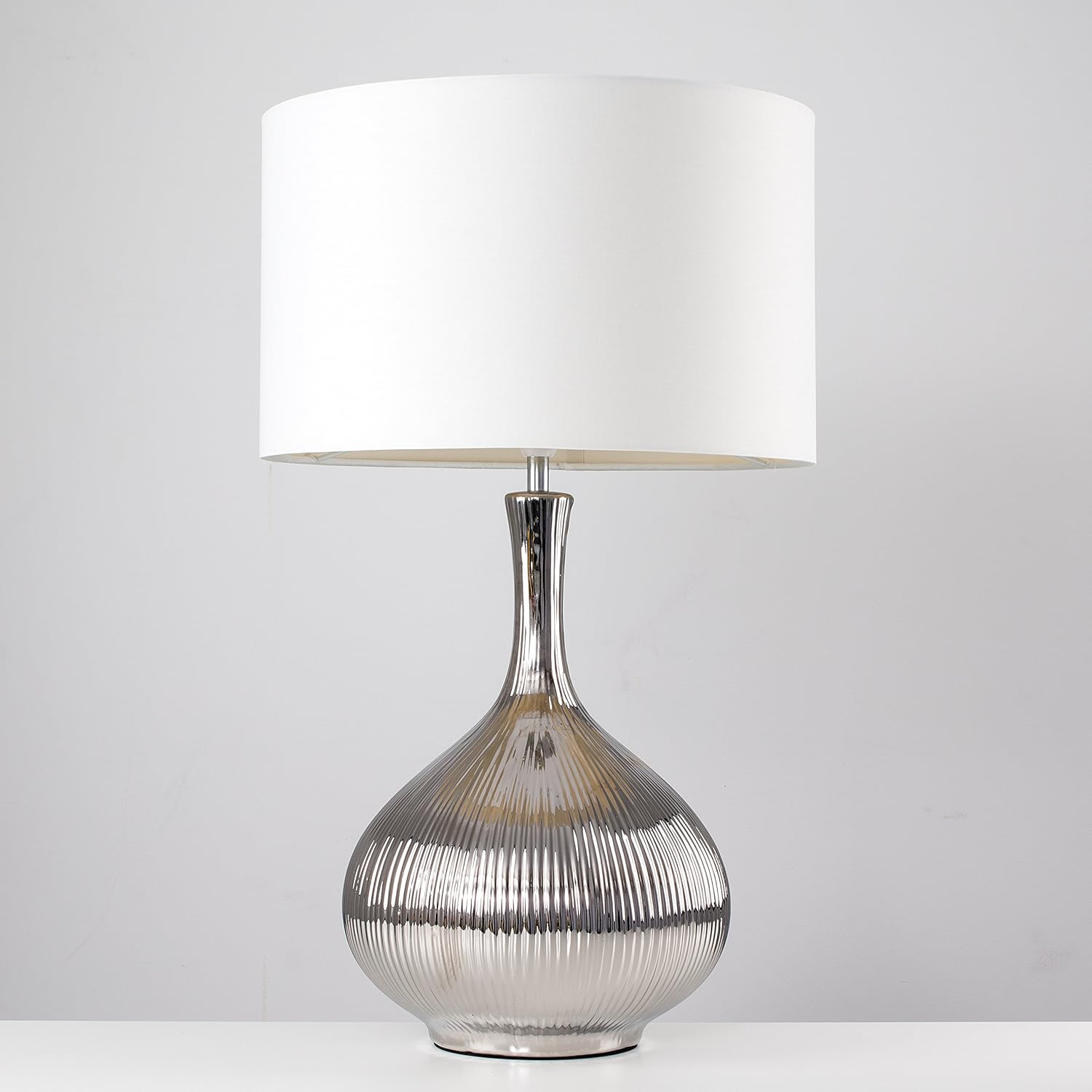 Extra Large Modern Silver Textured Ceramic Table Lamp with a White