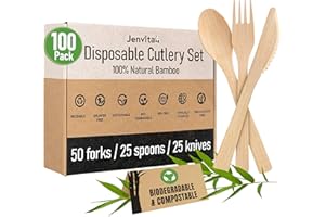 Ibambo 100% Bamboo Utensils Set - 100x Compostable Cutlery Set (50 Compostable Forks, 25 Disposable Spoons, 25 Biodegradable Knives) | Bamboo Silverware | FSC Certified for Weddings, Camping, Party