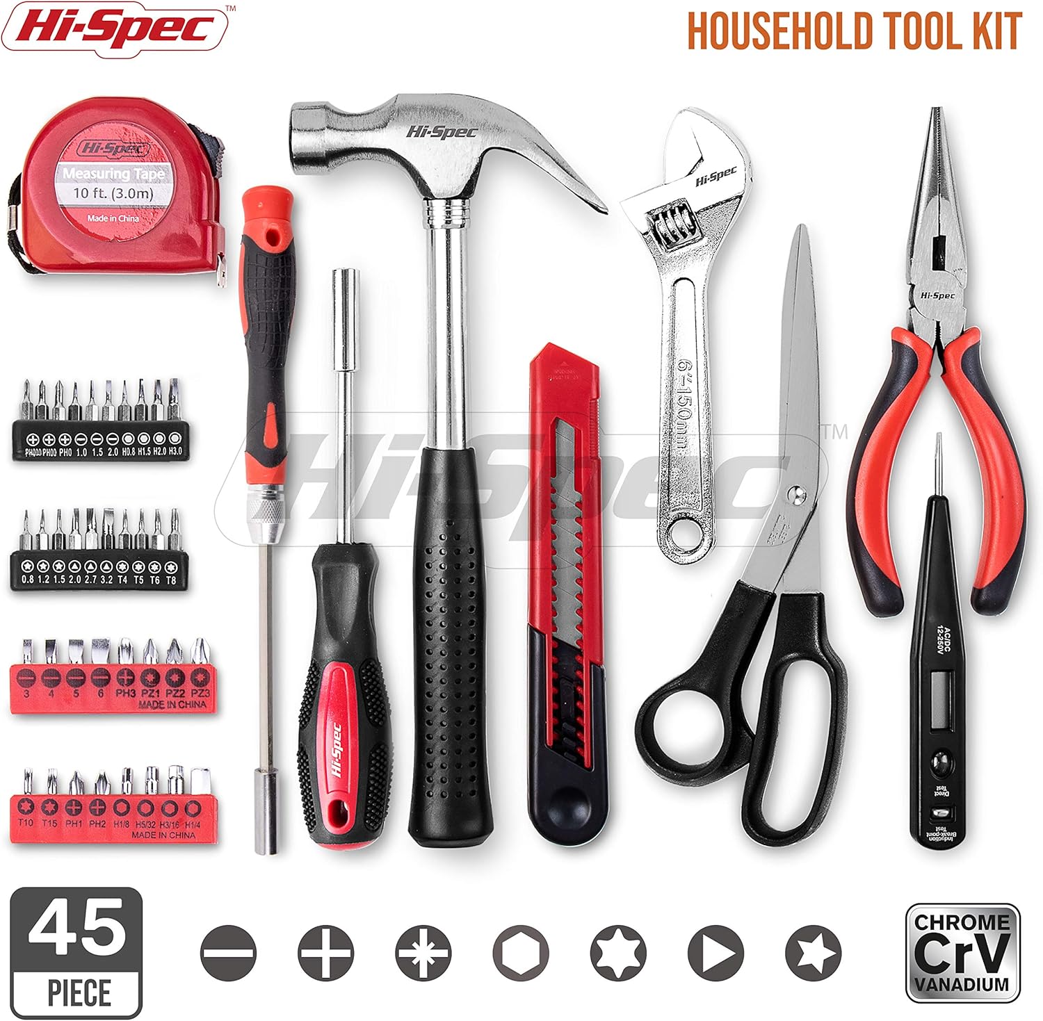 Hi-Spec 45 Piece Household DIY Hand Tool Kit Set. Everyday Repairs at Home & The Office with Practical Tools & Precision Screwdriver Bits. All in a Carry Case - - 