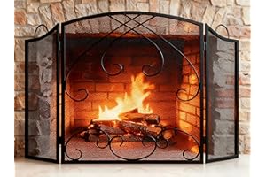 Gtongoko 3 Panel Fireplace Screen with Handles 48" W x 29" H New Version Modern Wrought Iron Decorative Large Fire Spark Guard Grate Heavy Duty for Living Room Home Outdoor Decor, Black