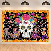 Day of The Dead Backdrop 59x39in Floral Sugar Skull Banner | Washable polyester fabric for Dia de los muertos celebrations. Includes brass grommets and 32ft ribbon for easy wall hanging.