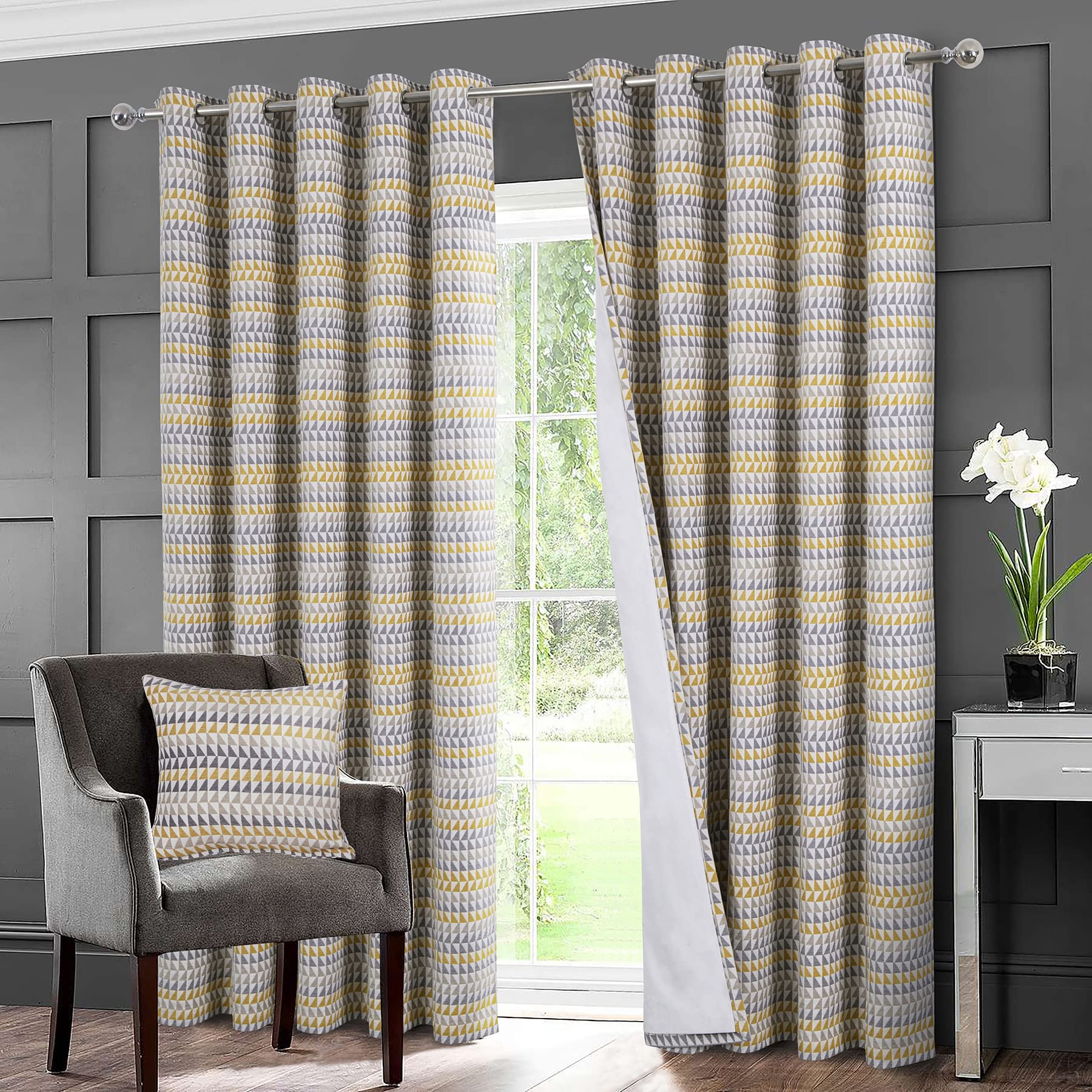 always4u 100% Blackout Curtains for Living Room Mini Geometric Jacquard Curtains Eyelet for Bedroom Modern Thermal Energy Saving Window Treatments 2 Panels Yellow 46 * 72