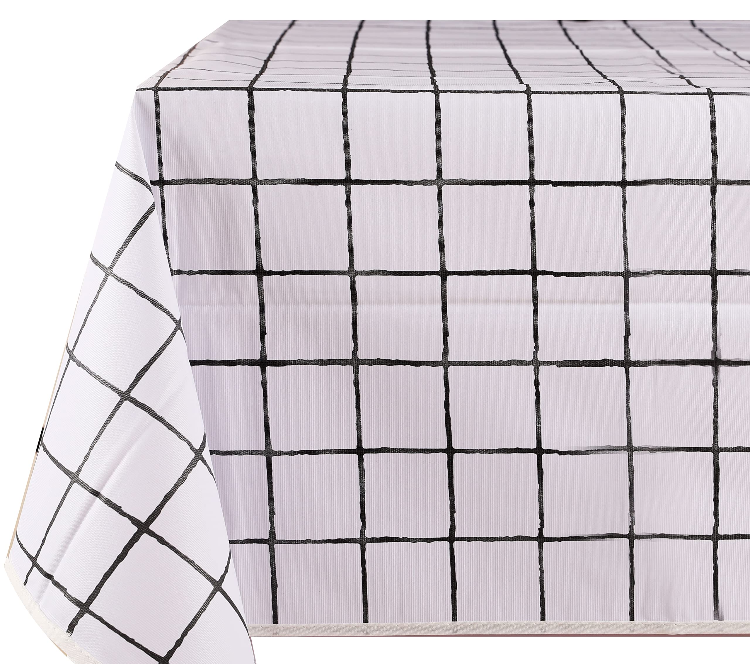 Vinylla White and Black Grid Easy Wipe Clean Vinyl Tablecloth, Round(Dia. 140 cm)