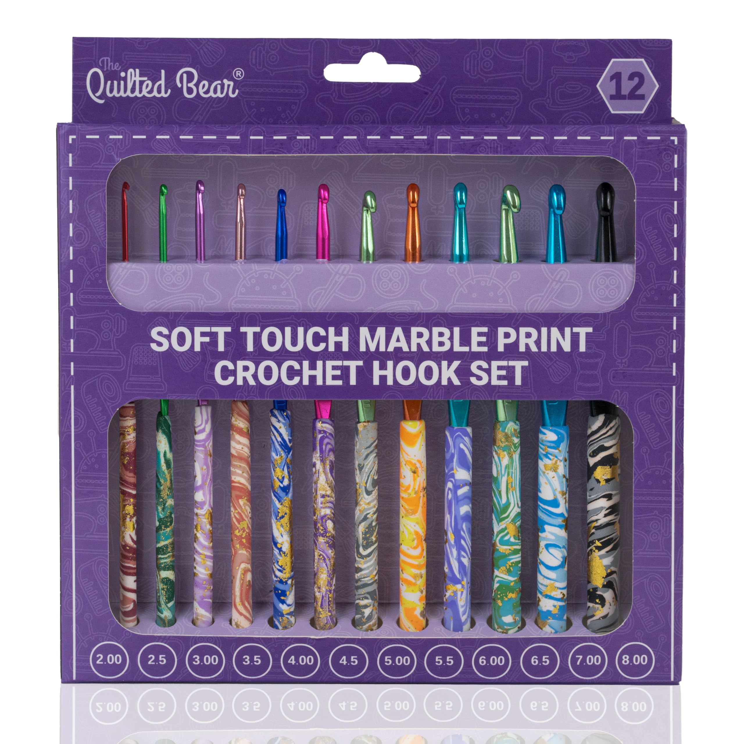 The Quilted Bear Marble Crochet Hook Set – 12 Premium Soft Grip Crochet Hooks with Ergonomic Polymer Clay Handles for Comfortable & Effortless Crocheting (2mm–8mm)