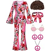 SOMSOC 7 Pack 70s Women Hippie Costume Set Boho Flared Pants Tie Dye Headband Necklace Earrings Wig for Halloween Cosplay