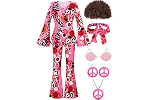 SOMSOC 7 Pack 70s Women Hippie Costume Set Boho Flared Pants Tie Dye Headband Necklace Earrings Wig for Halloween Cosplay