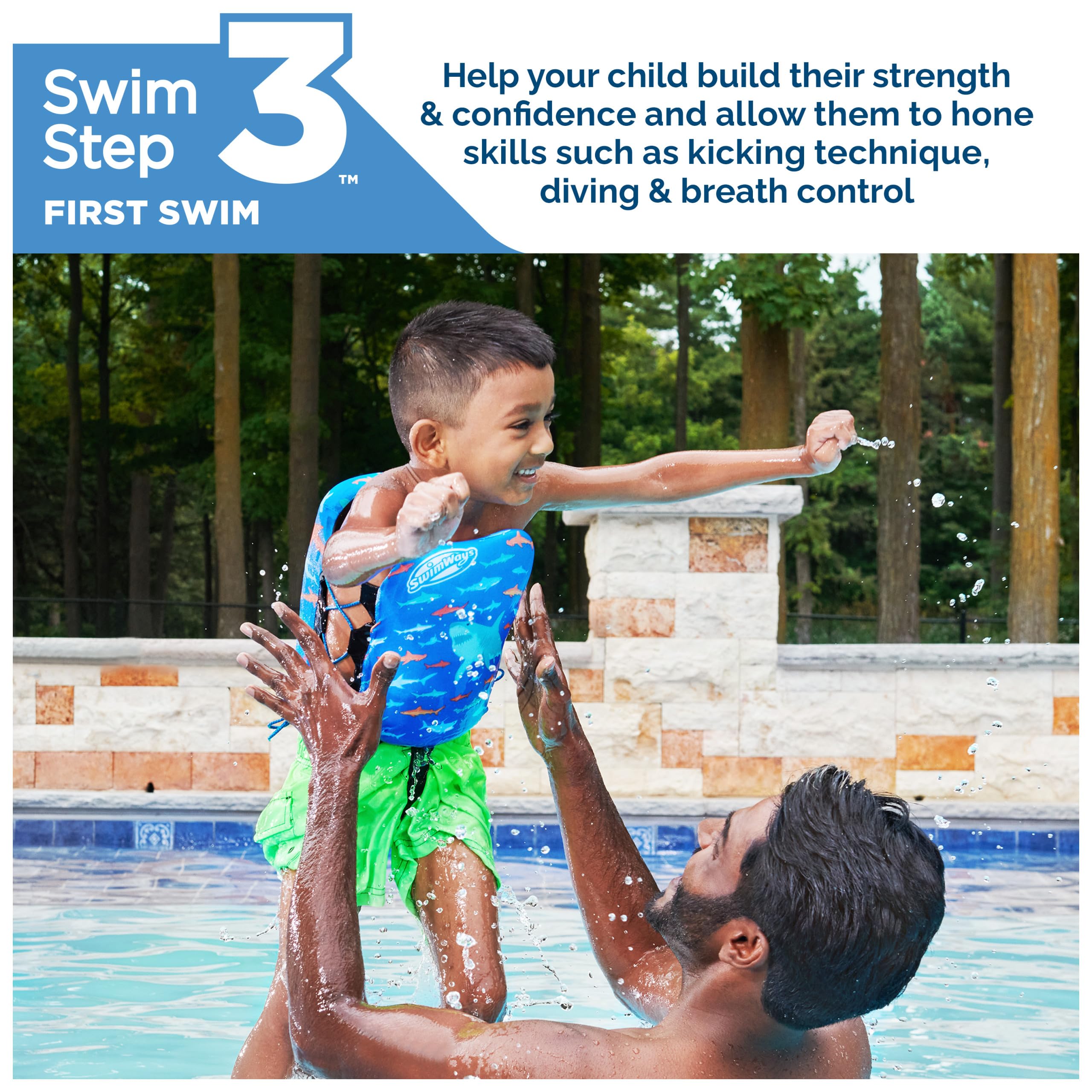 SwimWays Power Swimr Outdoor Pool Swim Vest for Kids, Adjustable Kid Pool Float for Swim Training, Medium, Shark