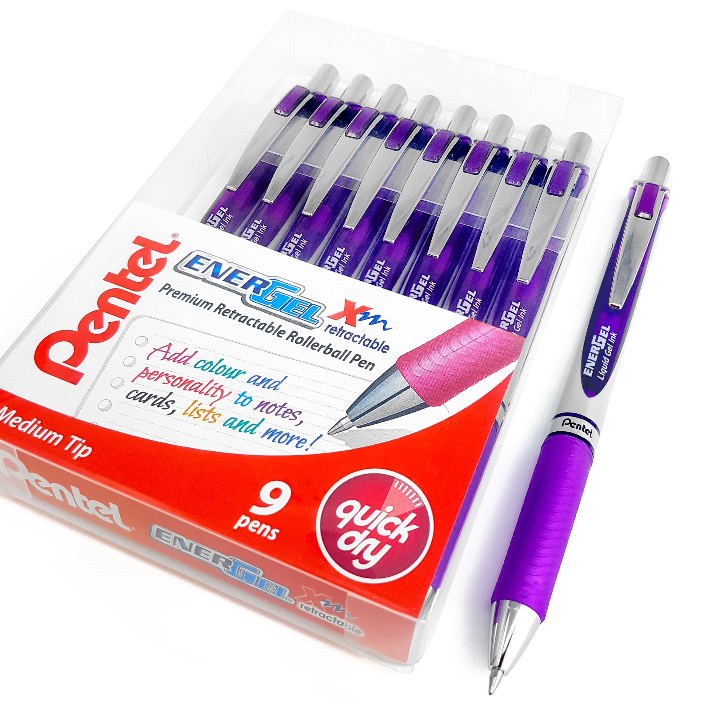 Pentel EnerGel XM BL77 - Retractable Liquid Gel Ink Pen - 0.7mm - 52% Recycled - Wallet of 9 - Purple