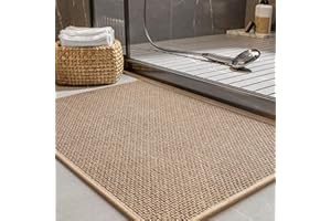 PADOOR Non-Slip Bath Mat With Rubber-Backing, Braided Absorbent Machine Washable Thin Rug for Bathroom Floor, Quick Dry, Fits Under Door, 17''x24'' Beige