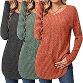 Ficerd 3 Pack Women's Curved Hem Long Sleeve Sweaters, Side Split Crew Neck Tunic Tops Loose Fit Shirts Basic Pullover