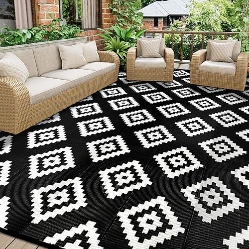 Homcomodar Outdoor Rug for Patio Waterproof 270x365cm Reversible Garden Rugs UV Resistant Camping Mat Plastic Straw Rug Outside Patio Rug for Yard Beach Picnic Deck(Black)