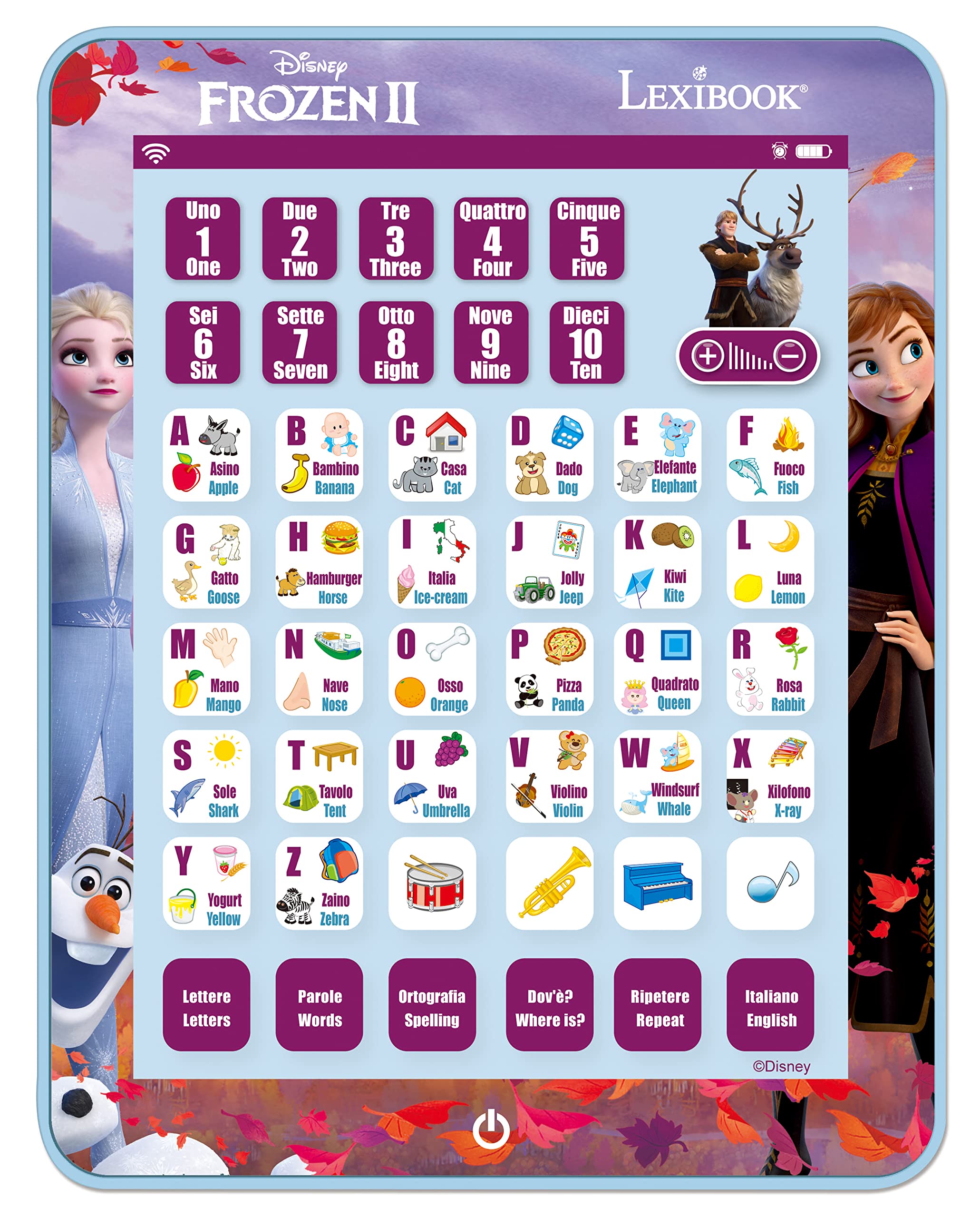 LEXIBOOK, Frozen, Educational Bilingual Learning Tablet, Learn letters numbers words spelling and music, English/Italian, Purple, JCPAD002FZi5
