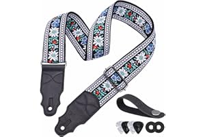 YIKOKO Guitar Strap, Head Layer Cowhide Leather End, 2 Inches Wide, for Acoustic and Bass Electric Guitars, Free Button, 2 Strap Locks and 4 Guitar Picks