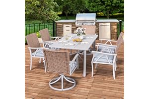 YITAHOME 7-Piece Patio Dining Set, Outdoor Wicker Conversation Furniture with 2 Rocking Chairs, Soft Gray Cushions and Imitation Wood Grain Dining Table for Backyard, Balcony and Garden