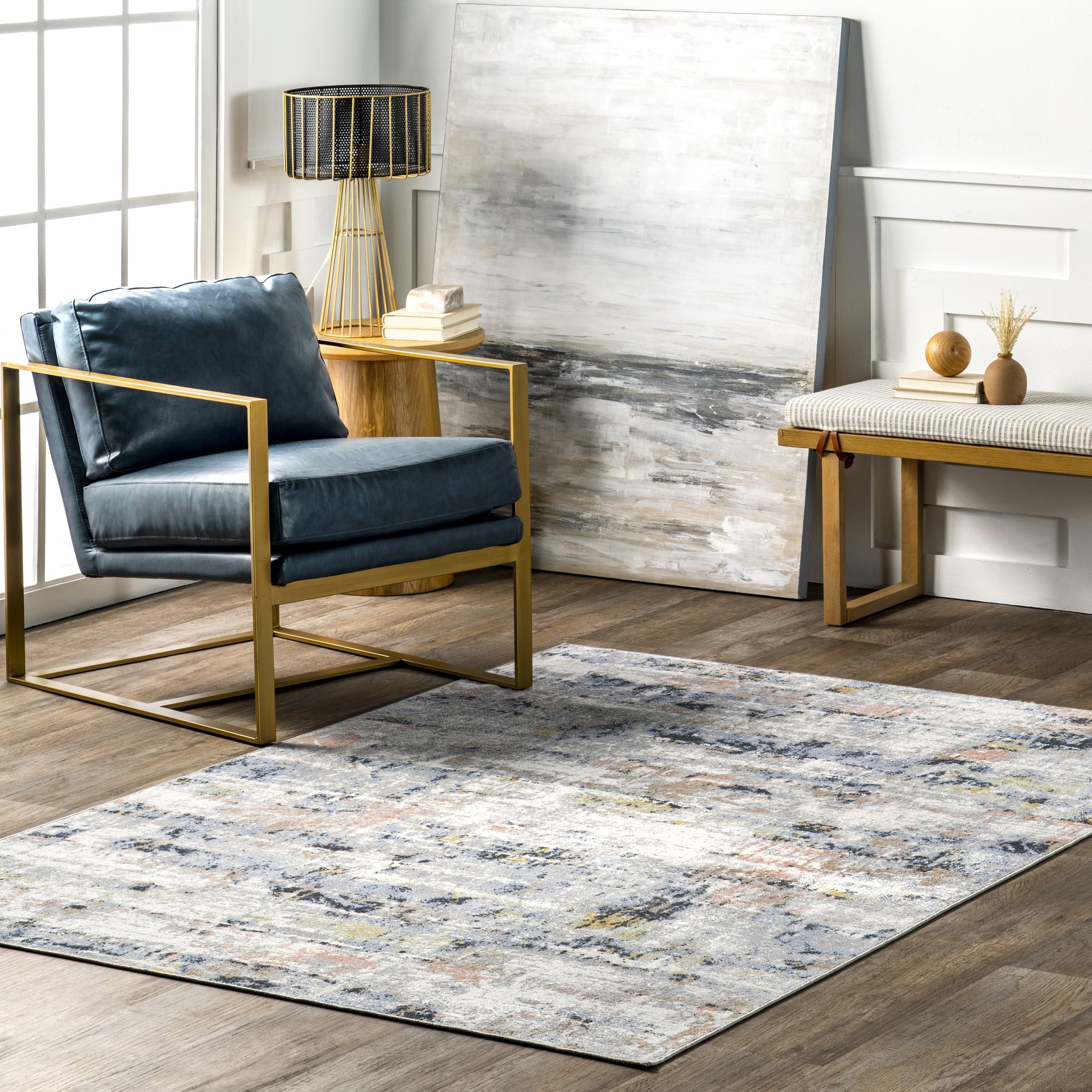 nuLOOM Aaliyah Abstract 9×12 Machine Washable Area Rug for Living Room Bedroom Dining Room Kitchen, Blue Multicolor/Ivory