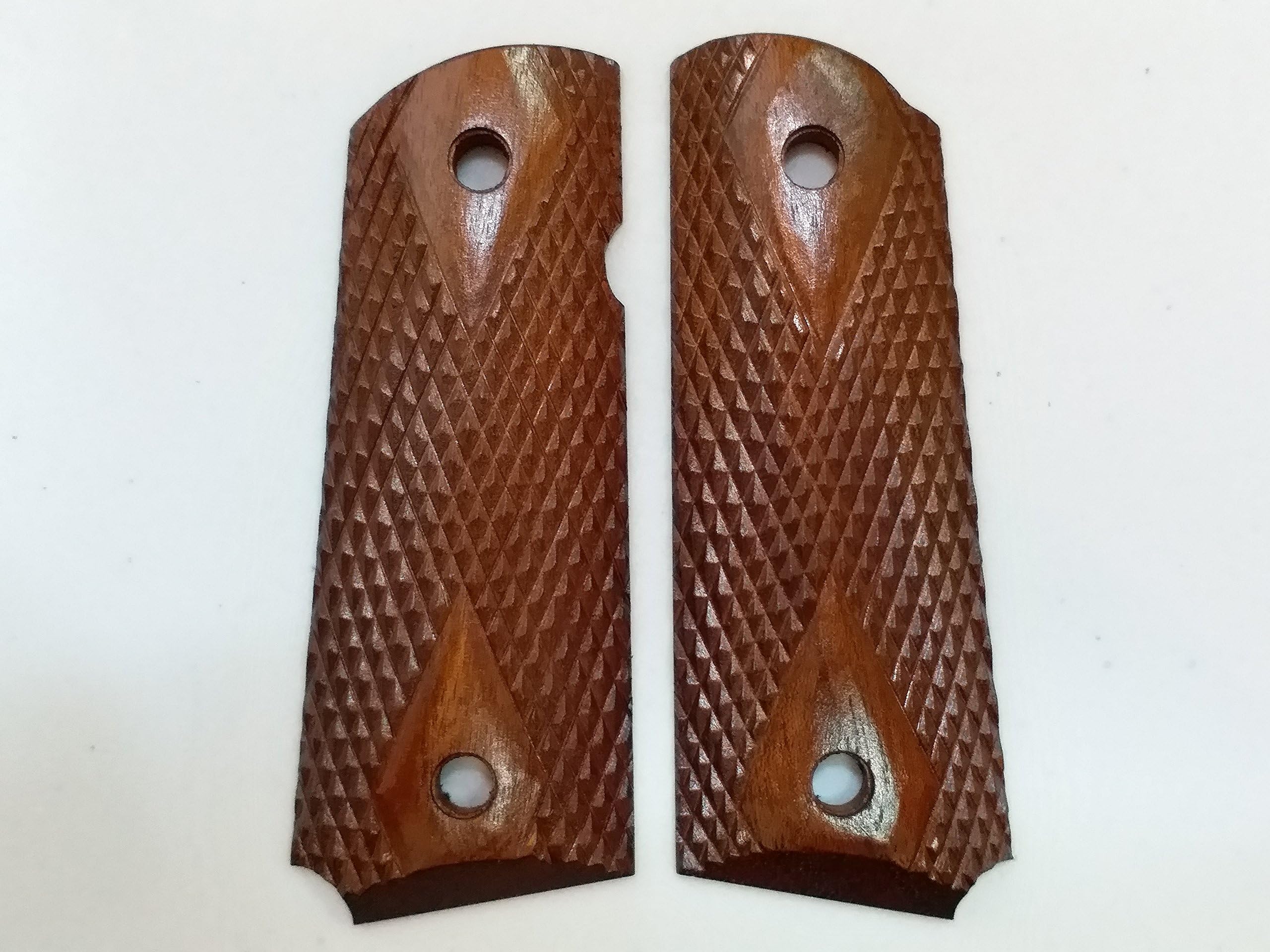Grippped 1911 Officer Compact Size Diamond Checkered Chestnut Cherry Merbau Wood Grips Handmade Fits Smith Wesson Kimber Colt Ruger Sig Etc.