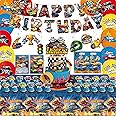 77 Pcs Hot Car Birthday Party Supplies,Included Banner,Hanging Swirls,Tablecloth,Cake Topper,Cupcake Toppers,Gift Bag, Invitation Card,Balloon for Boy and Girl Wheel Party Decorations