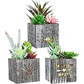 Kinkota Fake Plants Succulent Plants Artificial in Pots with LED Lights Small Fake Succulents Plants Set of 3 Mini Faux Potted Succulents Plants in Wooden Box for Home Office Decoration