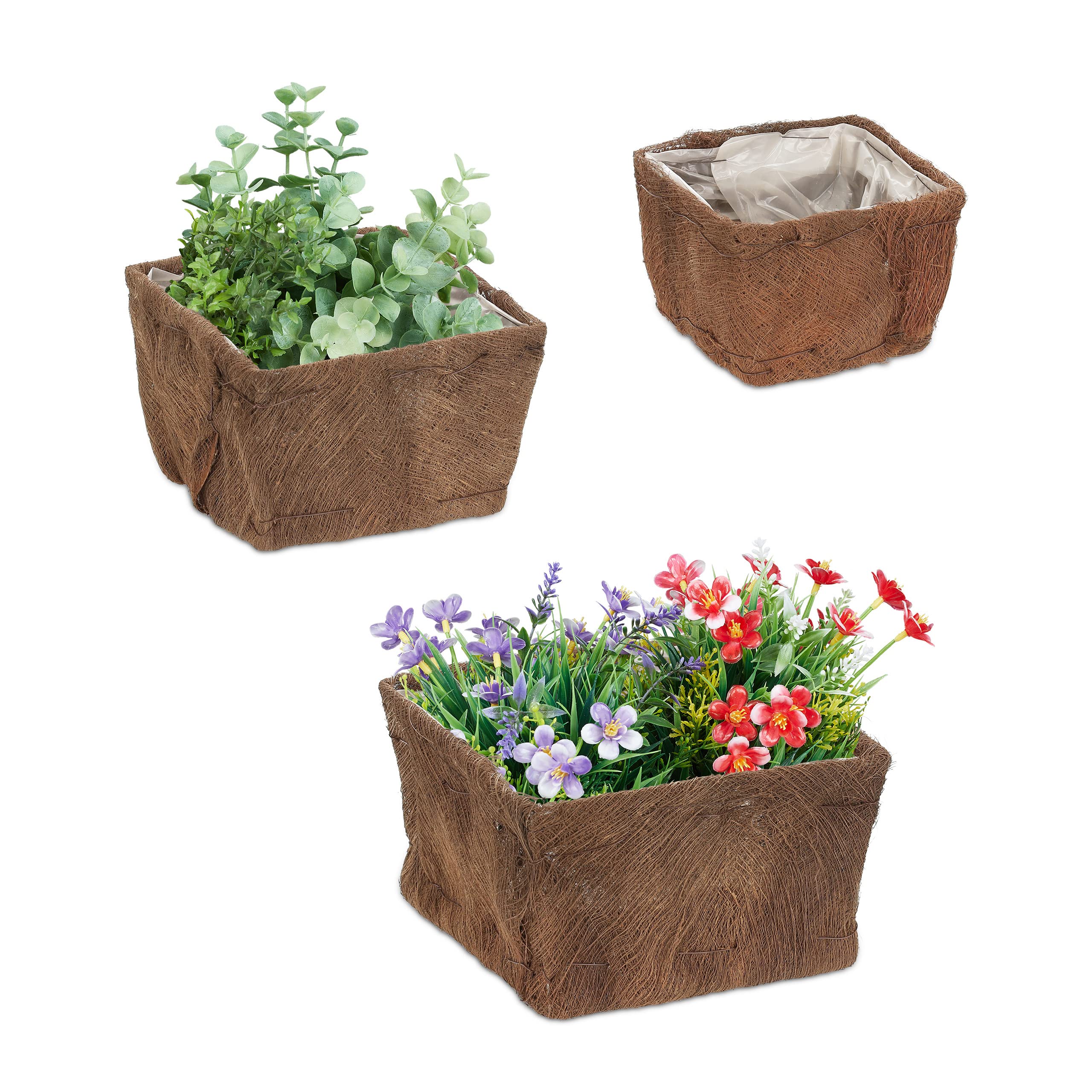 Relaxdays Set of 3 Flowerpots, Coconut Fibre, Square, 3 Sizes, Garden, Balcony & Windowsill, Planter with Foil, Natural, Coco, 14.5 x 23.5 x 23.5 cm
