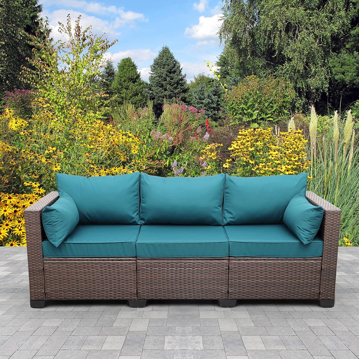 Amazon Com Patio Pe Wicker Couch 3 Seat Outdoor Brown Rattan Sofa Seating Furniture With Peacock Blue Cushion Kitchen Dining