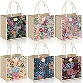 Abbylike 6 Pcs Women Tote Bag Mini Jute Reusable Floral Burlap Canvas Embroidered Grocery Bag for Christmas Birthday Gift (Flowers)