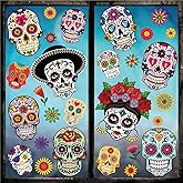 Whaline 9 Sheets Day of The Dead Window Clings Halloween Double-Sided Sugar Skull Design Window Stickers Colorful Flower Patterns Window Decals for Mexican Haunted House School Office