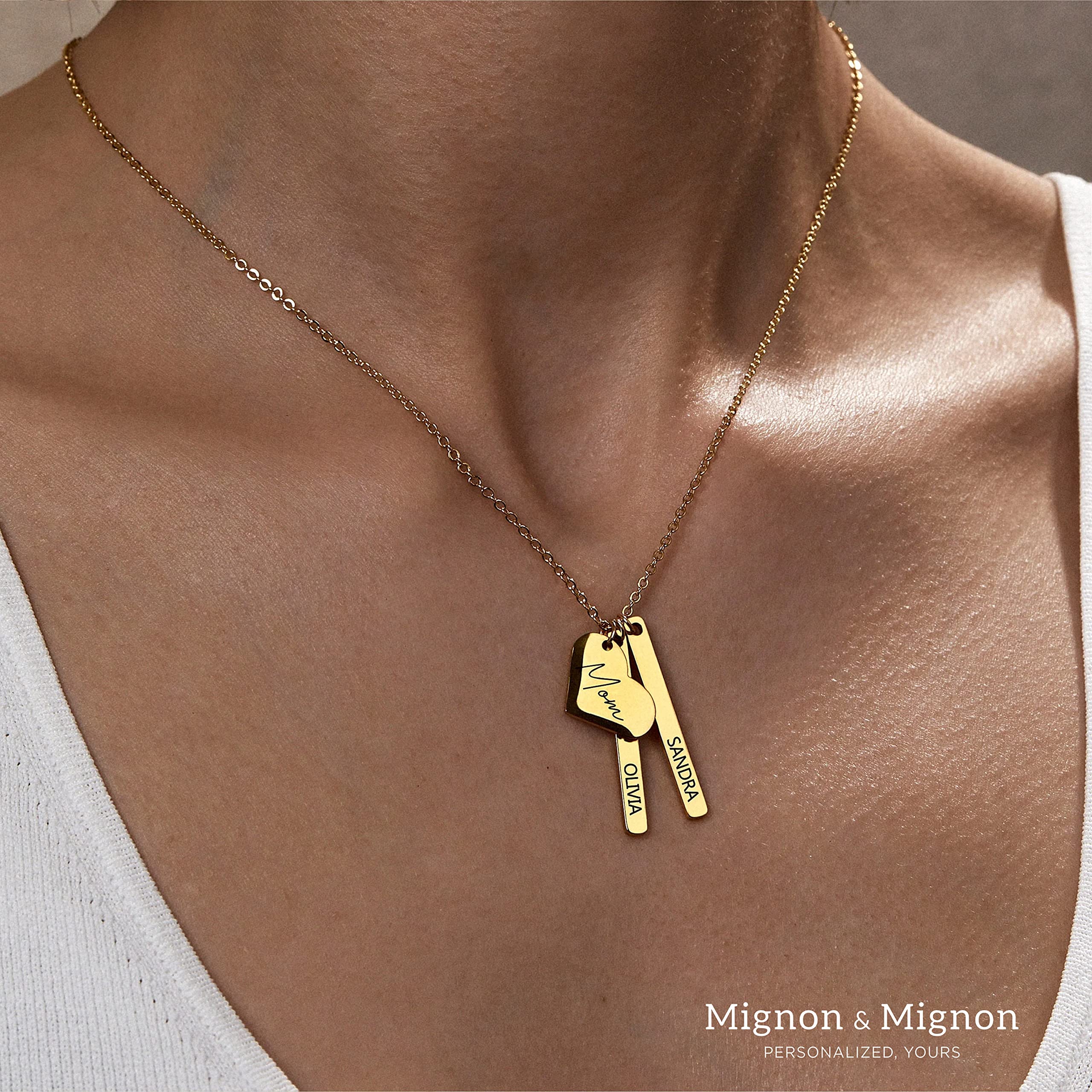 MignonandMignon Personalized Heart and Bar Necklace, Custom Family Name Jewelry for Mom, Gift for Women, Name Necklace – H6N