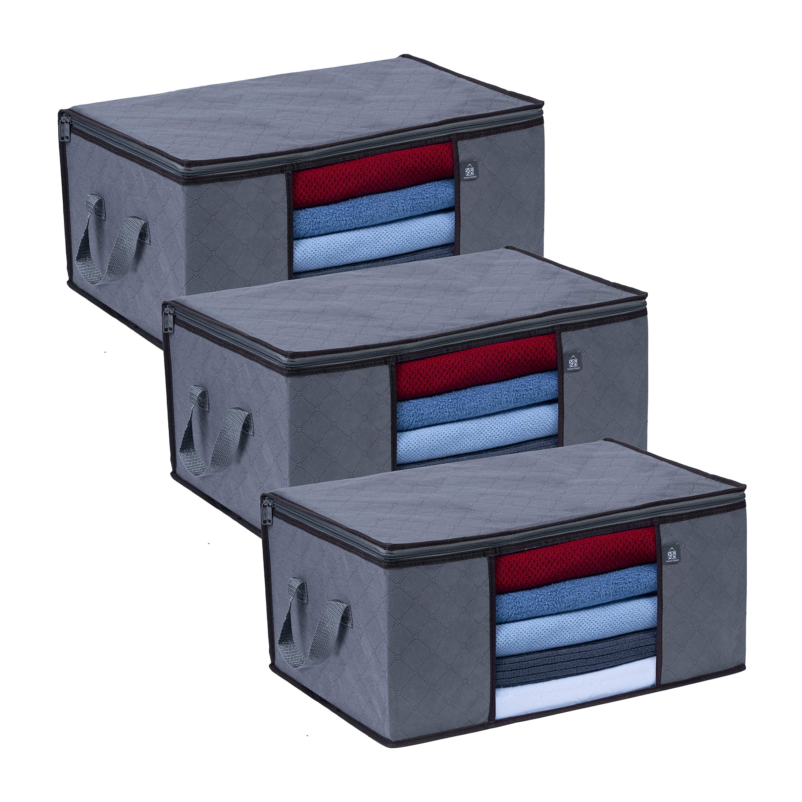 VENO 3 Pack Large Clothes Storage Bag Organizer w/Handles and Zip for Moving house, 50L Blankets Bedding Towels Bedroom Containers, Clear Window Panel, Foldable, Reusable(50.3 Liters)