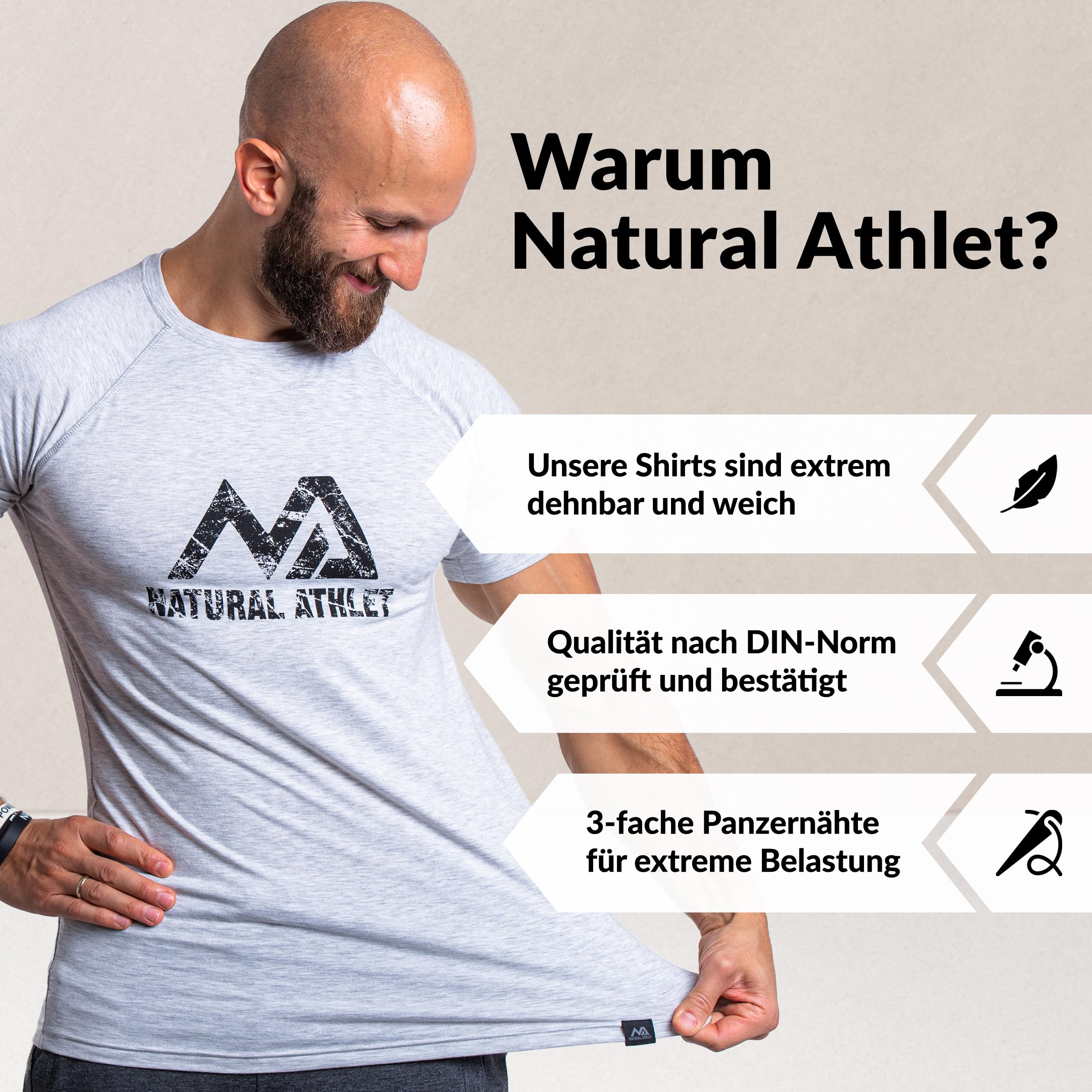 Herren Fitness T-Shirt meliert - Männer Kurzarm Shirt für Gym & Training - Passform Slim-Fit, lang mit Rundhals, Hellgrau, M 3